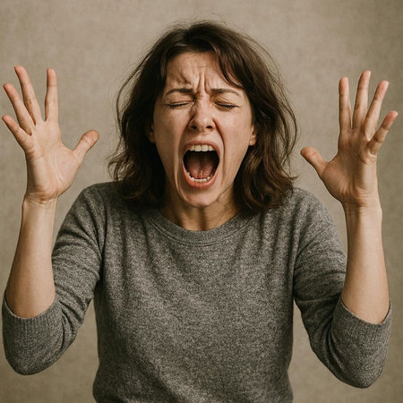 Angry woman screaming in anger. Portrait of angry woman screaming on gray background
