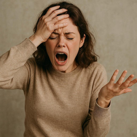 portrait of stressed woman in beige pullover covering her face with hands