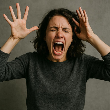 angry woman screaming. studio shot on gray background. monochromeの写真素材