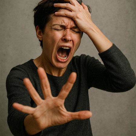 Stressed woman screaming and gesturing on gray background in studio.