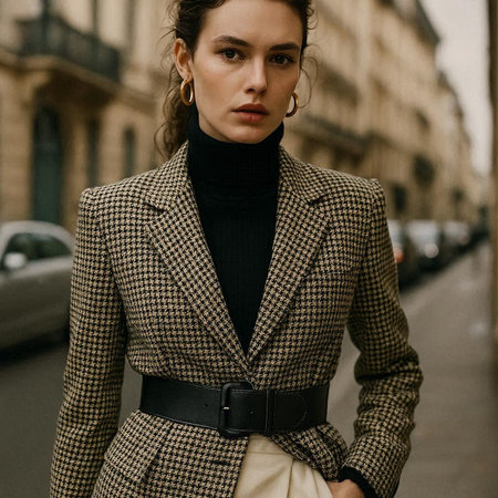 fashionable young woman in checkered jacket and beige skirt on the street