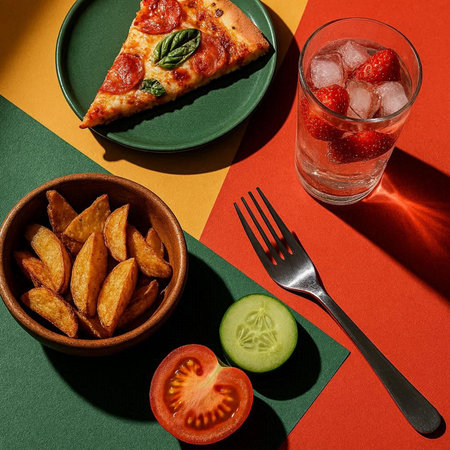 Pizza with tomato and potato chips on green and orange background.の写真素材