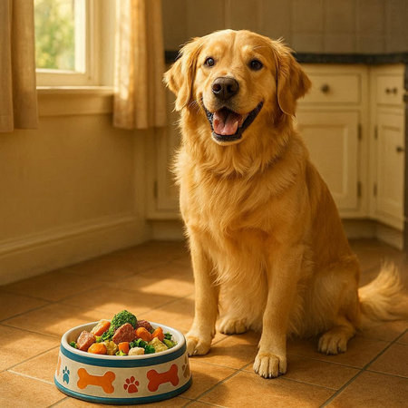 Cute golden retriever dog with bowl of food at home.