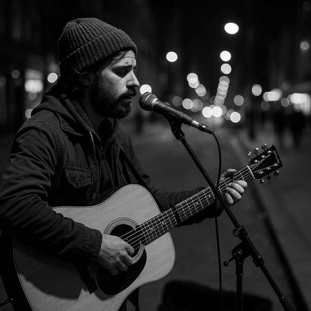 Street musician playing acoustic guitar at night in the city. Black and white.
