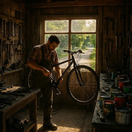 A man repairing a bicycle in an old garage. Man repairing his bike.