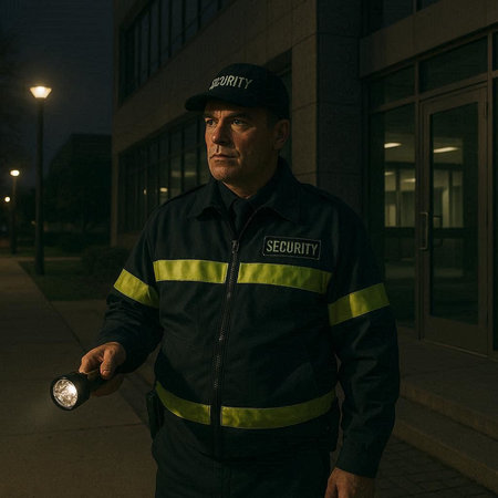 Police officer in the street at night with a flashlight in his hand