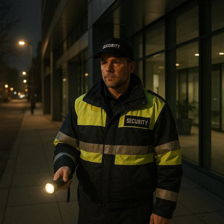 Portrait of a security guard with a flashlight in the city at night