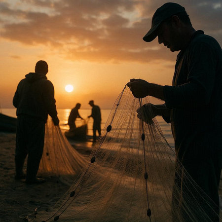 Fishermen with net on the beach at sunset. Thailand.