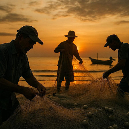 Fishermen are catching fish with net on the beach at sunset.