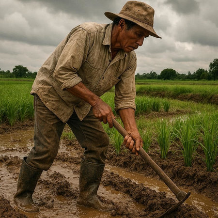 Farmer working in the rice field with his sledgehammer.