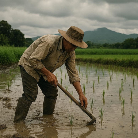 Farmer working on rice field in the rainy season, Thailand.の写真素材