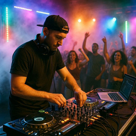 Dj mixes the track in the nightclub at a nightclub party.