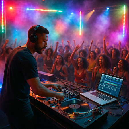 Dj mixes the track in a nightclub with a lot of people