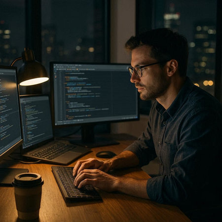 Side view of concentrated programmer working on computer at night in dark officeの写真素材
