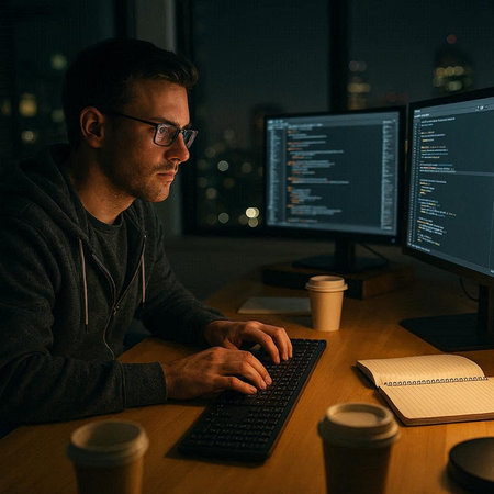 Side view of man in eyeglasses working on computer at night