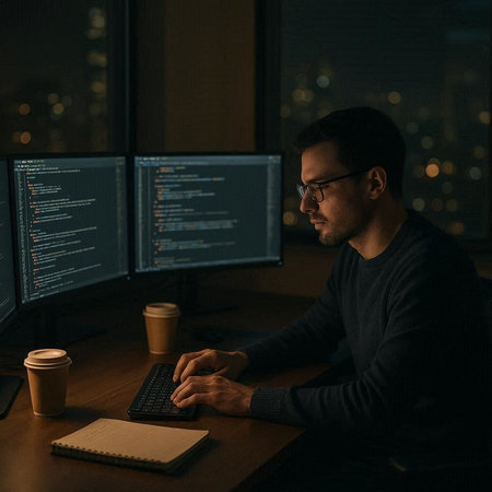 Side view of young man in eyeglasses working on computer at night