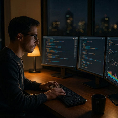 Side view of young man working on computer at night in dark office