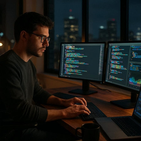 Side view of male programmer in eyeglasses working on computer at night