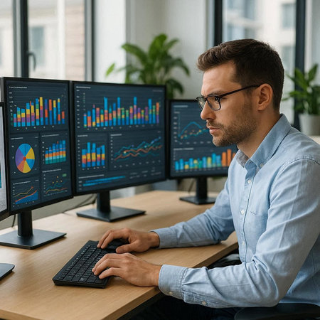 Side view of serious young businessman in eyeglasses working on computer monitors in office