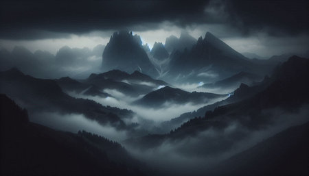 Foggy mountain landscape with fog in the foreground. 3D renderingの写真素材