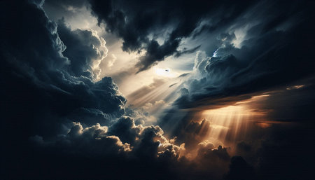 Dramatic sky with clouds and sun rays. 3d renderingの写真素材