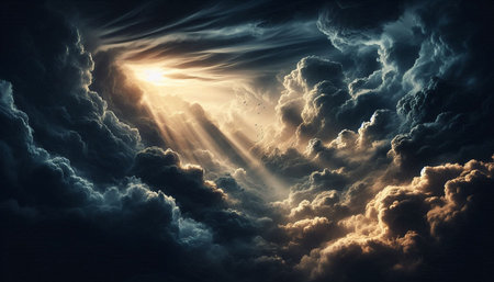Mystical dark sky with clouds and sun rays. 3D rendering