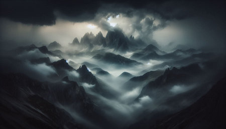 Fantasy landscape of mountains and fog in the morning. Dramatic and picturesque scene.の写真素材