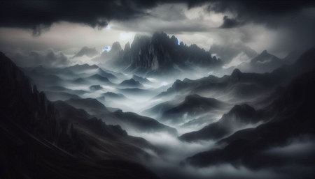Fantasy alien planet. Mountain in the clouds. 3D illustrationの写真素材
