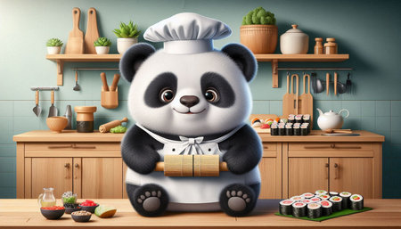 Panda chef in the kitchen with sushi and rolls, 3d illustrationの写真素材