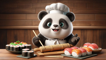 Panda chef with sushi and chopsticks on wooden background, 3d illustrationの写真素材