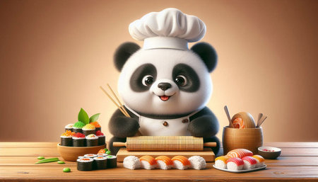 Panda chef with sushi and rolls on wooden table, closeupの写真素材