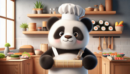Cute cartoon panda chef in the kitchen. 3D renderingの写真素材