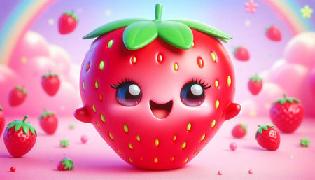 3d illustration of cute cartoon strawberry character with eyes and mouth.