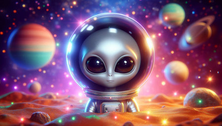 alien in space with planets and stars 3d illustration background new quality universal colorful...