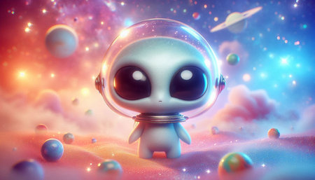 alien in space with planets and stars. 3D illustration. Fantasy.