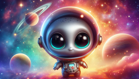 Cute little alien in space with planets and stars. 3D rendering