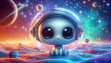 alien in space with starry background, 3d illustration, horizontal