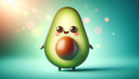 Funny avocado character on blue background. 3d illustration. Toned.