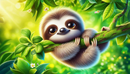 Cute cartoon sloth hanging on a tree branch with green leavesの写真素材