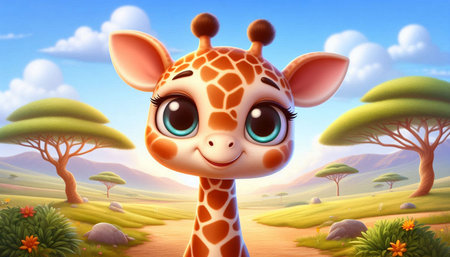 cartoon giraffe in the savannah - 3d illustration for childrenの写真素材