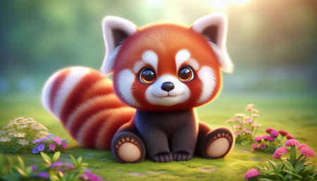Red panda sitting on green grass with flowers, 3d illustration