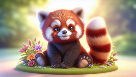 Red panda sitting on the grass with flowers. 3d illustration
