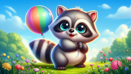 cute raccoon with balloon in the meadow - illustration for childrenの写真素材
