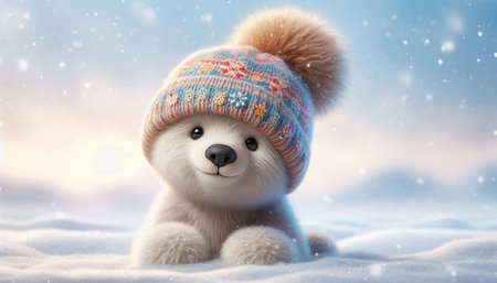Cute teddy bear with winter hat on snow. 3d rendering