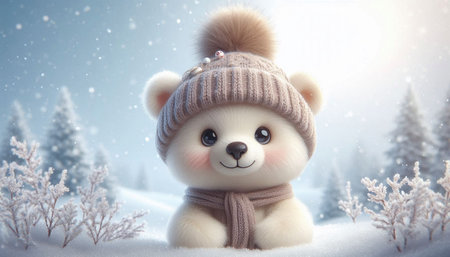 Cute teddy bear in winter forest. 3d rendering.