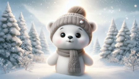 Cute teddy bear in winter forest. 3D rendering.