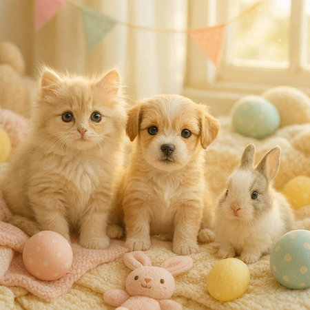 Cute little kittens with easter eggs and bunny in room.