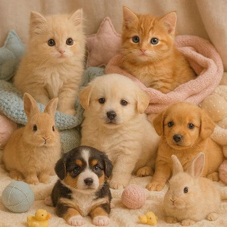 Group of domestic cats, dogs and puppies in front of soft blanketの写真素材
