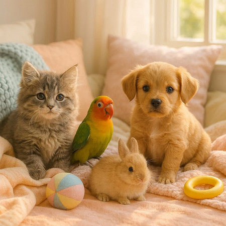 Cat, dog and puppy sitting on the bed with toy parrotの写真素材