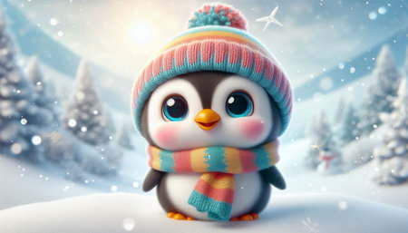 Cute little penguin in a hat and scarf on the background of winter landscape.の写真素材